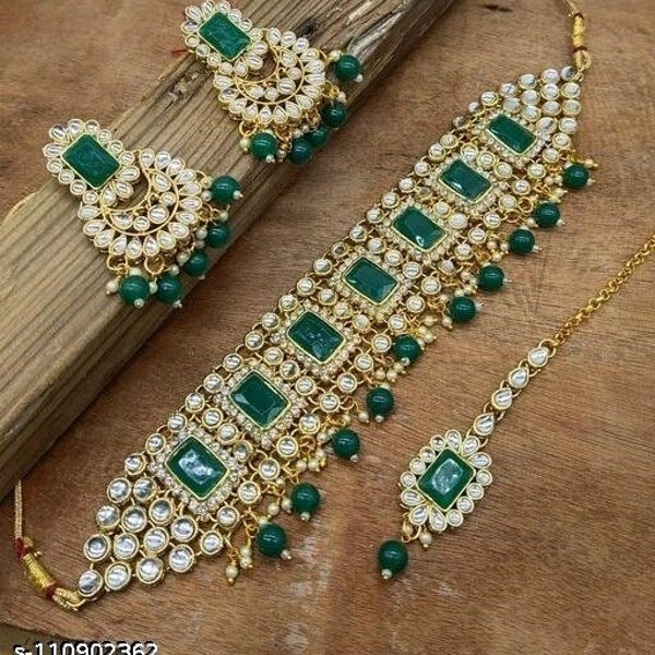 Mint Green Glass Beaded Kundan Necklace Set/Handmade Kundan Jewelry Set/Festive Necklace Set/Jewelry set for women