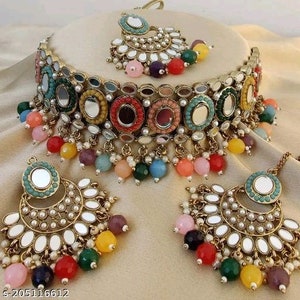 Multi Colour kundan polki Kundan necklace/earrings/jhumkis/jhumka mala/birthday gift/anniversary party jewels/punjabi bollywood jewelry