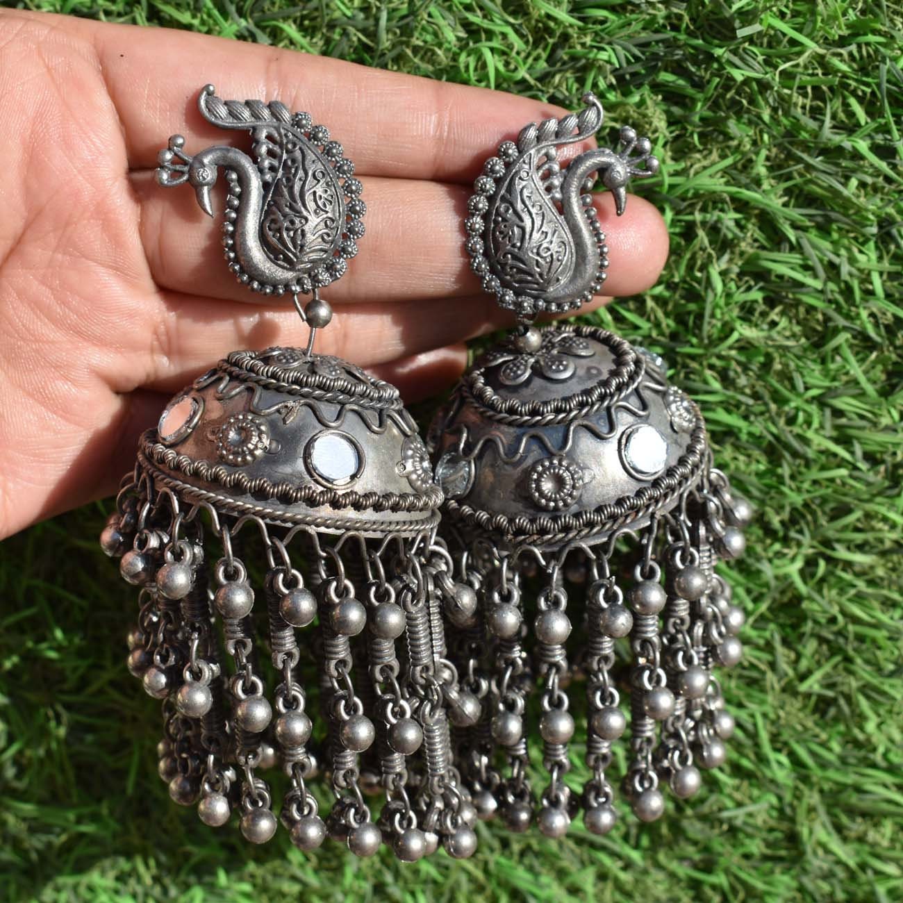 Priyaasi Floral Oxidised Silver Chunky Drop Earrings
