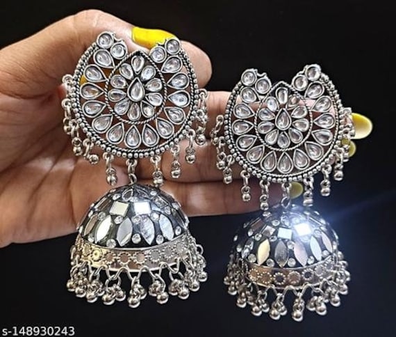 Riwaz..Sterling Silver Jhumkas Silver Earrings Silver Kundan Pearl Jhu –  Silver Tales