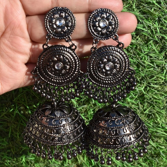Black metal oxi German silver jhumki earring – Bawaries