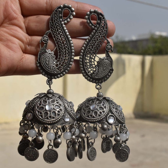 bollwood Peacock earrings big jhumka earrings oxidized silver plated earrings ethnic earrings partywear earrings handmade big earrings