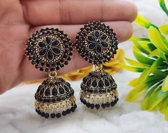 Grand jhumka, jhumka pour mariage, jhumka noir, boucles d'oreilles en pierre noire, boucles d'oreilles indiennes, jhumka pakistanais, bijoux jhumka, boucles d'oreilles jhumka pour femmes