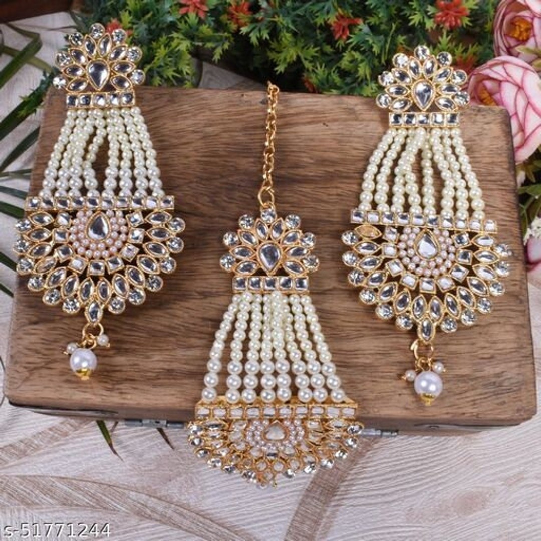 Buy Kundan and moti jhumkas with extendable chain string
