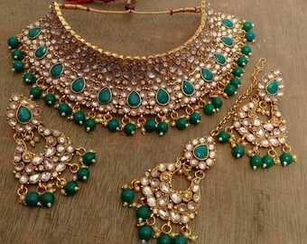 Conjunto de collar Kundan con cuentas de vidrio verde menta / Conjunto de joyería Kundan hecho a mano / Conjunto de collar festivo / Conjunto de joyas para mujeres