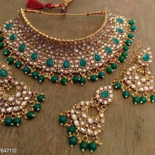 Mint Green Glass Beaded Kundan Necklace Set / Handmade Kundan Jewelry Set / Festive Necklace Set/Jewelry set for women