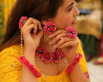 Designer Pink floral jewelry set/baby shower floral jewelry set/haldi jewelry/mehndi jewelry/wedding ceremony/pakistani jewellery/wedding