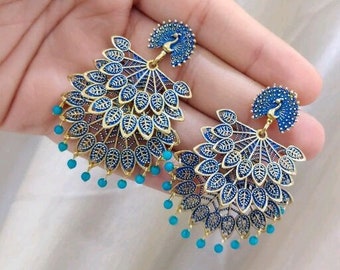 Jhumka bleu, jhumka pour mariage, boucles d'oreilles jhumka bleu, boucles d'oreilles indiennes, jhumka pakistanais, bijoux jhumka, boucles d'oreilles jhumka pour femmes, boucles d'oreilles