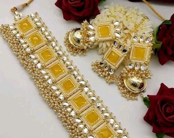 Yellow necklace with earrings/choker/bollywood jewellery/ethnic wear/ethnic jewellery/wedding jewellery/jewellry for srara/necklace