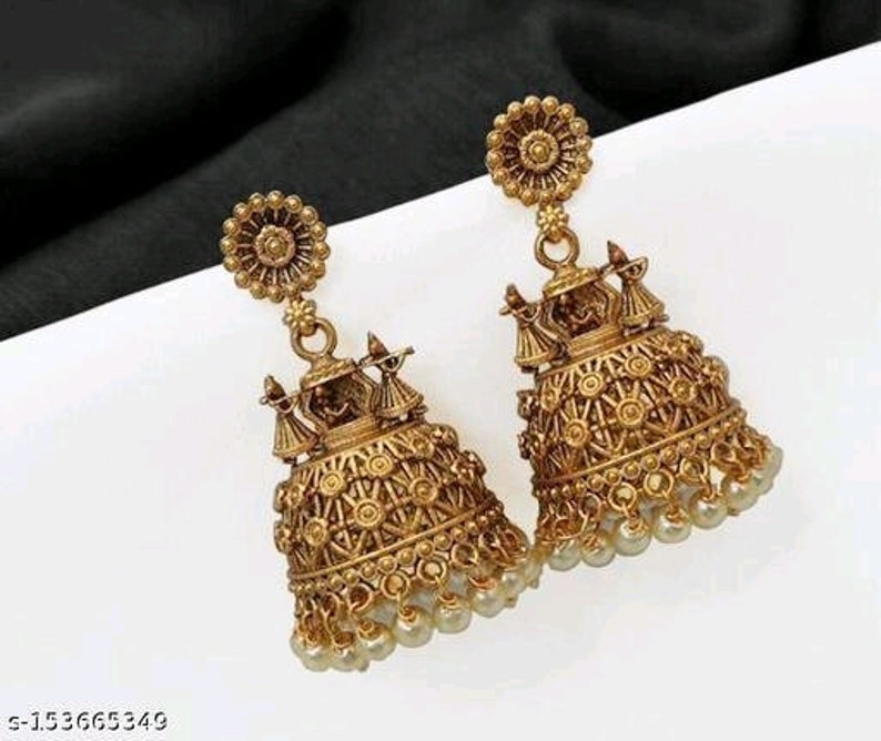 Bridal doli designed New arrival temple golden jhumka/women earrings/bollywood earrings/golden earrings for wedding/sharara earrings image 2