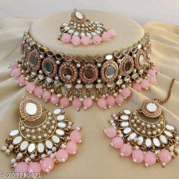 Diseñador rosa hermoso collar Heavy Kundan/collar grande/conjunto de pendientes de collar/conjunto de joyas/joyería de mujer/jhumka/collar