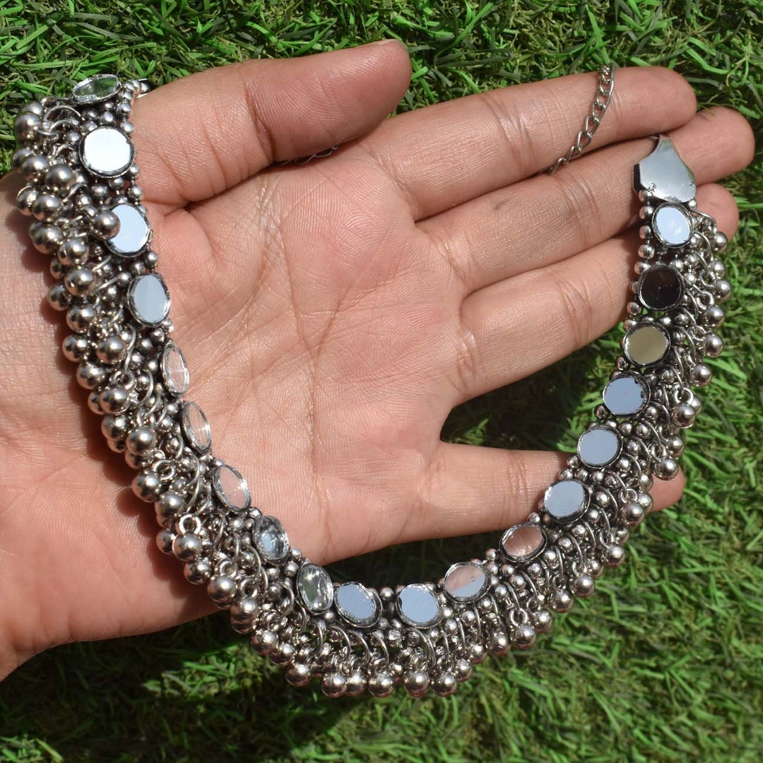Indian Mirror Choker Set/antique Oxidized Necklace Earrings Set