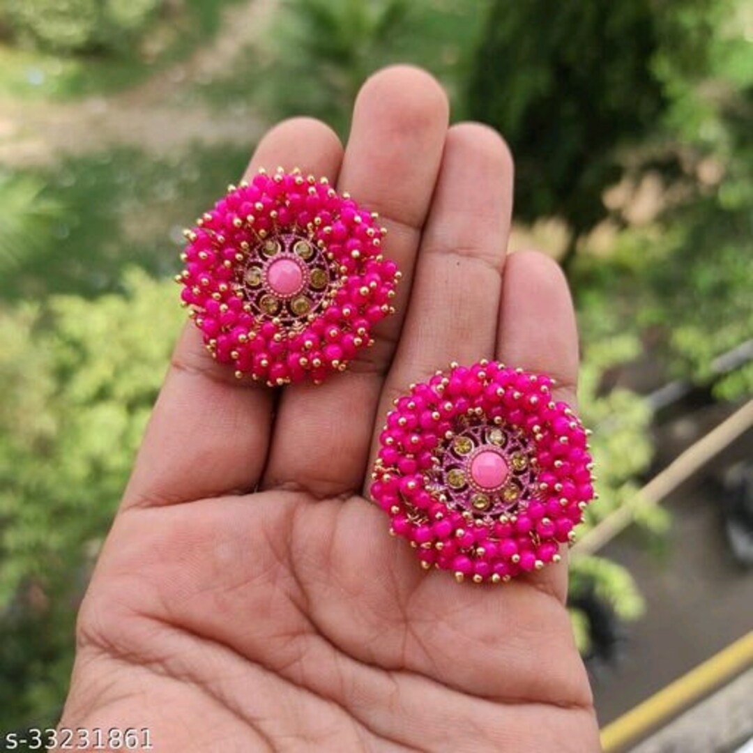 Indian Bollywood Style Hot Pink Enameled Pearl Jhumka Earrings Girls  Jewelry Set | eBay