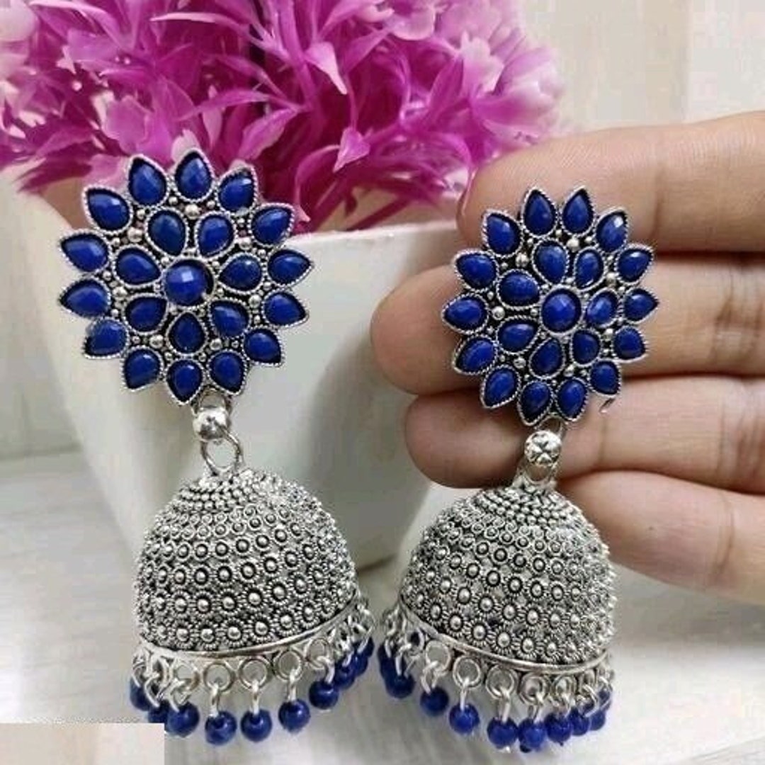 Blue Jhumka Bareli Jhumka Earrings for Diwali Cz Earrings - Etsy ...