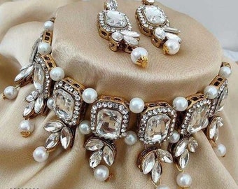 Kundan-Halsketten-Set/ Kundan-Schmuckset/ echte Kundan-Halskette/Kundan-Ohrringe/ indischer Schmuck/ echte Kundan/Frauen-Halskette/Geschenk für Frau