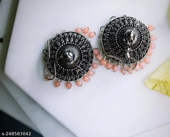 Oxidized Silver Hoop Earrings for Saree