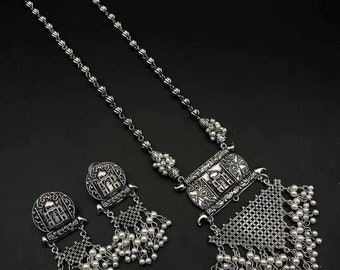 Bollywood oxidized silver long necklace/earrings with necklace/necklace set/women jewellery/oxidized neckalce