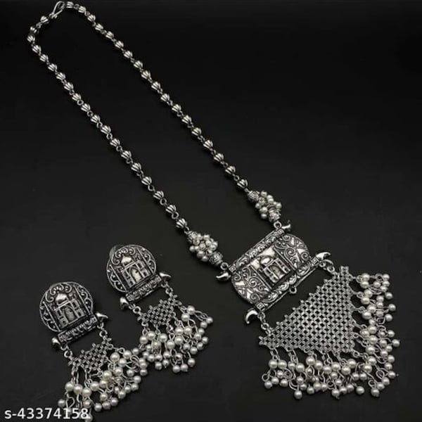 Bollywood oxidized silver long necklace/earrings with necklace/necklace set/women jewellery/oxidized neckalce