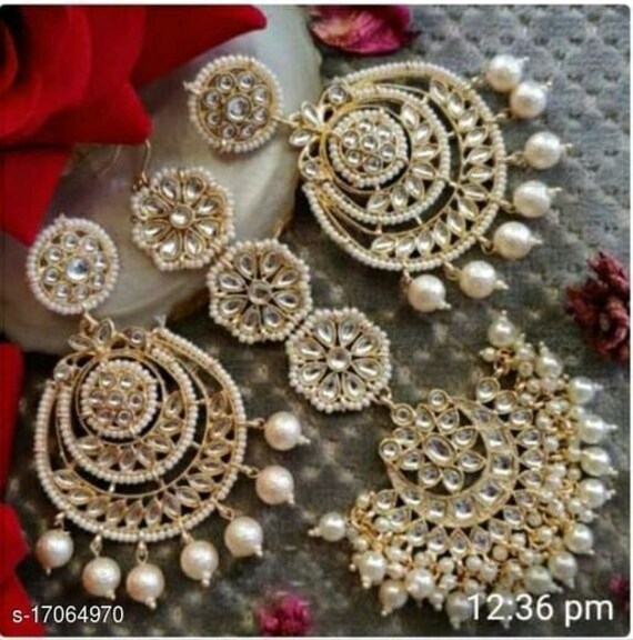 Ethnic Women Golden White Maangtika Set diwali Jewellery jewellery