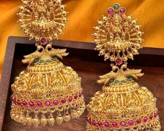 Bollywood Zuid oorbellen/grote jhumka oorbellen/Gouden oorbellen/etnische oorbellen/partywear oorbellen/handgemaakte grote oorbellen/Gouden jhumki