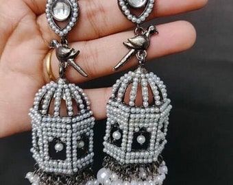 Jhumka grande, jhumka para boda, jhumka negro, pendientes de piedra, pendientes indios, jhumka paquistaní, joyas jhumka, pendientes jhumka de mujer