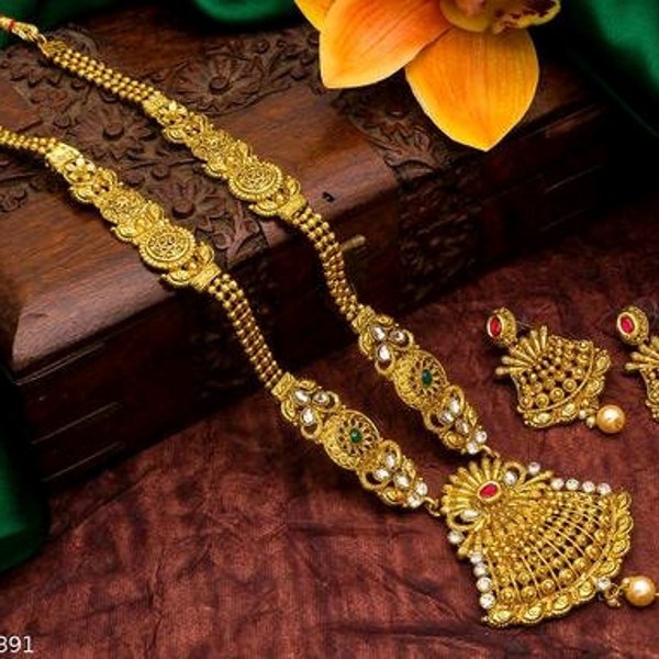 Collier doré pour tenue de mariage/long collier doré de grande taille/longs bijoux de temple antiques en or mat/collier indien du Sud