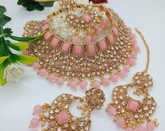 Lichtroze glas kralen grote Kundan choker set/feestelijke set/ketting set met Maangtika/ontwerper Kundan choker set/bloem kundan set/roze