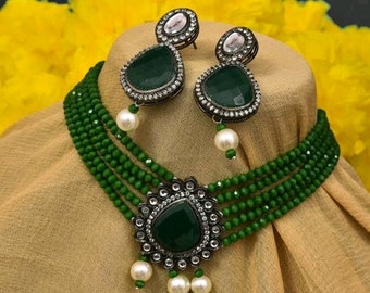 Groen glas kralen Kundan ketting set/handgemaakte Kundan sieraden set/feestelijke ketting set/sieraden set voor vrouwen