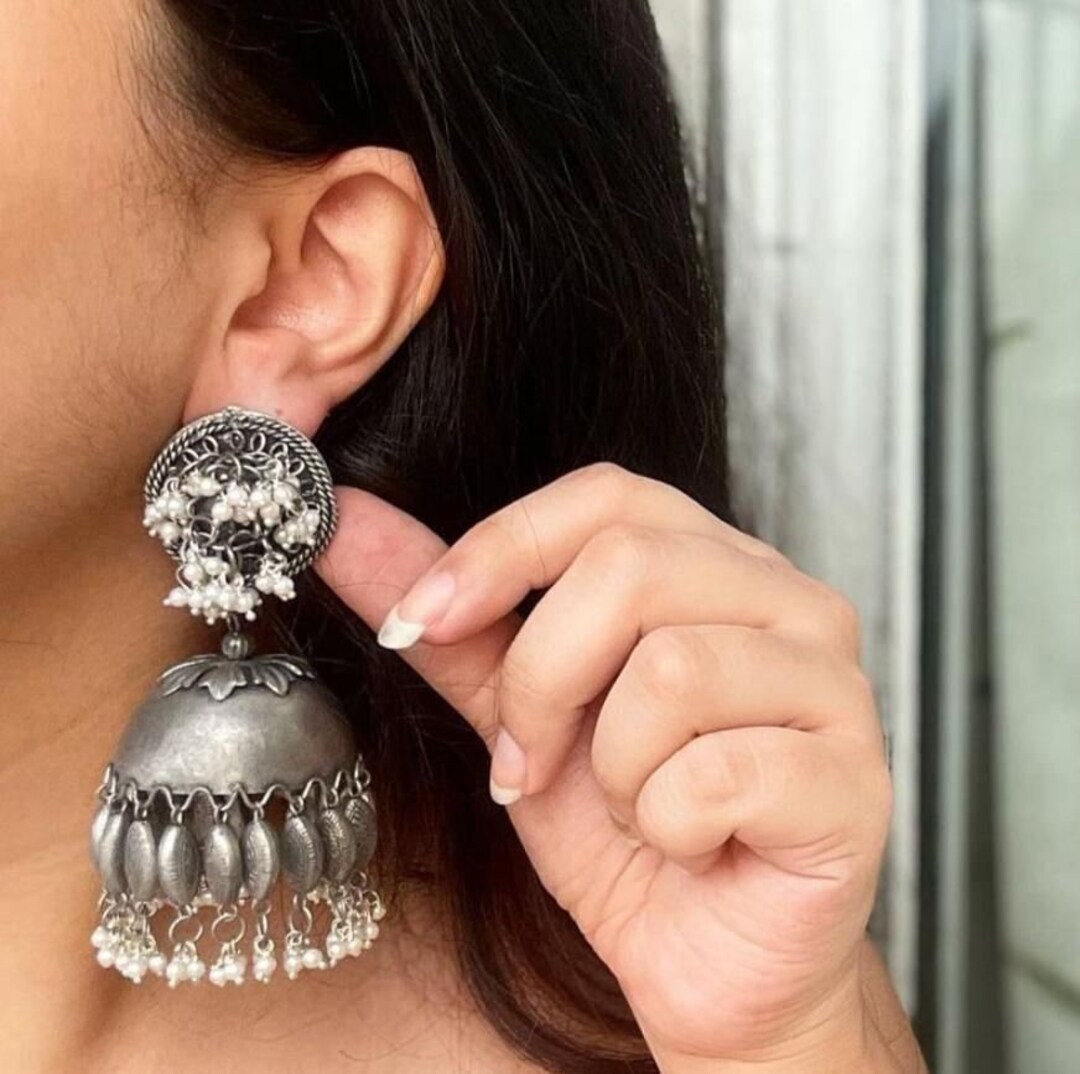 Oxidised Silver White stone Jhumki Earrings