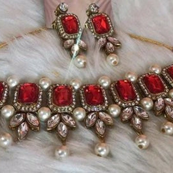 Parure de bijoux Desighner/boucles d'oreilles avec collier/bijoux de mariage/bijoux en pierres/bijoux en pierres synthétiques/collier de perles/collier rouge