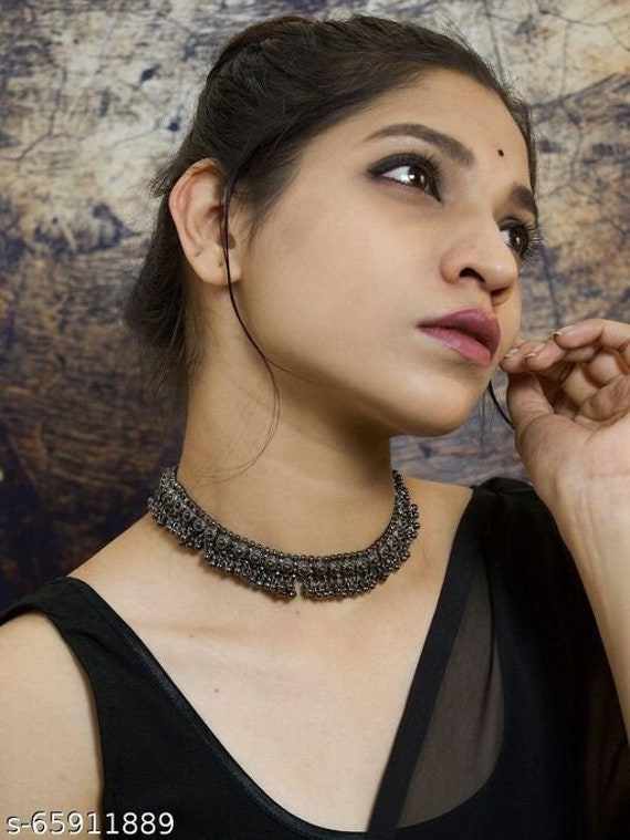 Black saree cheap with oxide jewellery