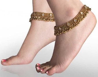 Nieuwe look Indiase Payal/enkelband/Ghungroo Payal/parel en Kundan steen Payal/bruiloft goud Payal/Bollywood Jiapuri sieraden/zware sieraden