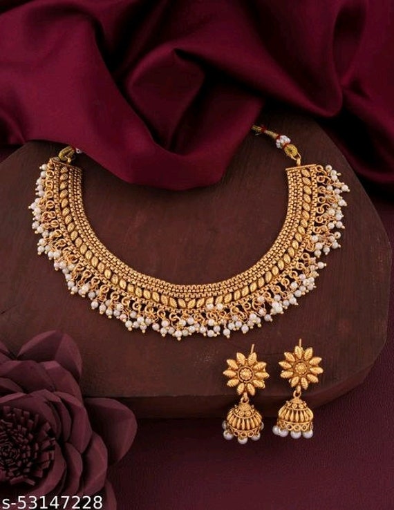 Wedding Golden Necklace for Saaree gold Kundan golden Earrings