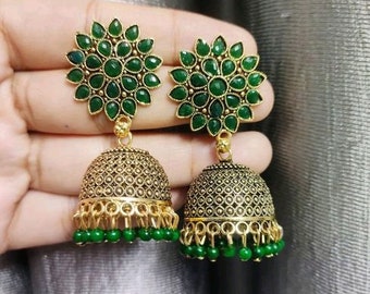 green jhumka/jhumka earrings/jhumka jewellery/jhumka for saaree/jhumka for suit/jhumka for lehna/oxidized jhumka golden/green golden jhumka