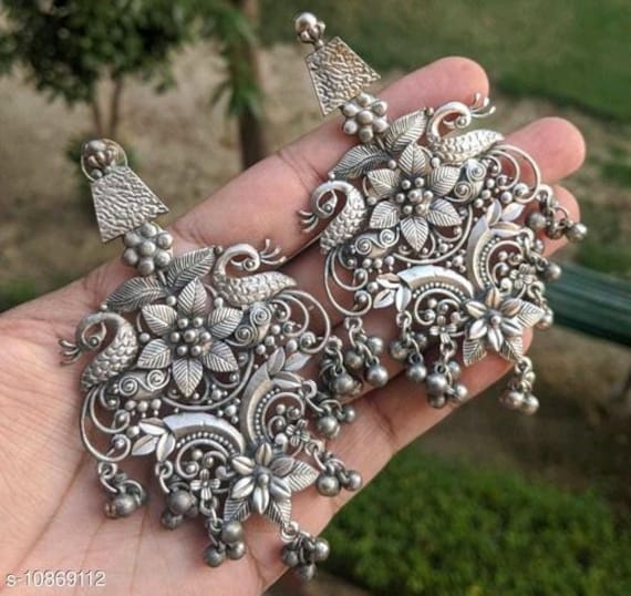 Fine Quality Oxidized Silver Double Story Mirror Work Multi Bead  Lightweight Dangler Earring for Women and Girls. | K M HandiCrafts India