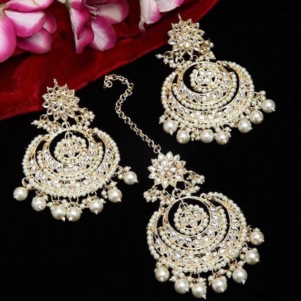 Ethnic women white golden maangtika set/diwali jewellery/jewellery for wedding/new arrival/women earrings/maangtika set/diwali sell/ethnic