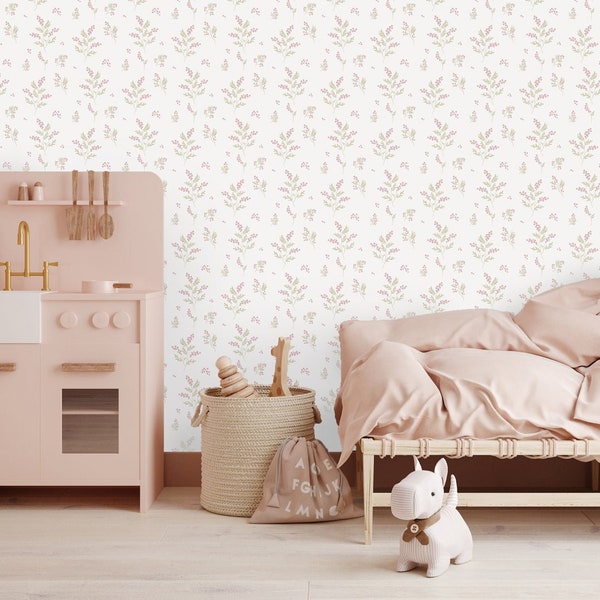 Tapete für Mädchenzimmer Blumentapete Rosa Grün Tapete mit Blumen Rosa Romantische Tapete für Mädchenzimmer Baby Décor Girl