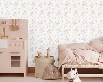 Papier peint pour chambre de fille, papier peint floral, papier peint vert rose avec fleurs, papier peint romantique rose pour chambre de fille, décoration de bébé.