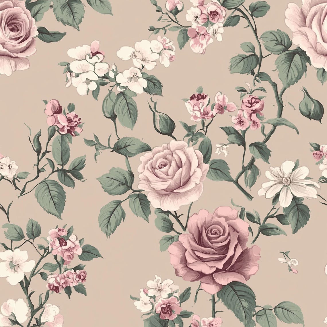 SAMPLE ONLY Wallpaper With Roses in Pink and Green Leaves, Vintage ...