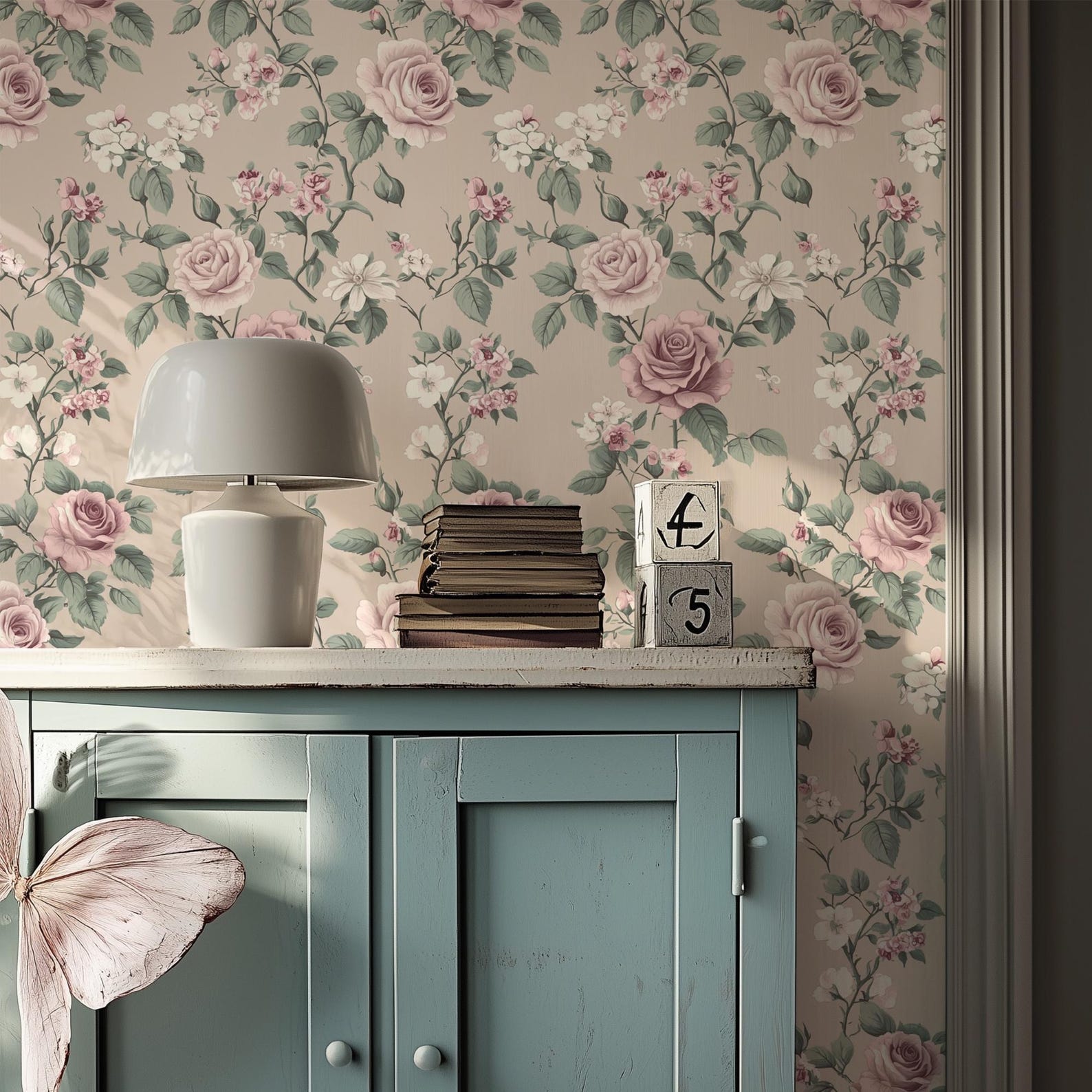 SAMPLE ONLY Wallpaper With Roses in Pink and Green Leaves, Vintage ...