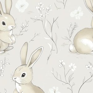 SAMPLE ONLY Wallpaper with Bunnies, Baby Nursery Wallpaper Rabbits, Grey and White Bunnies Wallpaper, Kids&#39; Room Wallpaper