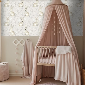 Wallpaper with Bunnies, Baby Nursery Wallpaper Rabbits, Grey and White Bunnies Wallpaper, Kids&#39; Room Wallpaper, Traditional Wallpaper