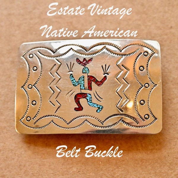 Vintage Native American Dancer Belt Buckle, Nickel Silver, Turquoise, Red Inlay, Circa 50s or 60s