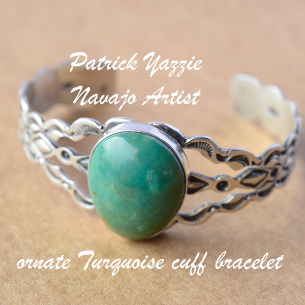 Intricate Native American Turquoise Cuff Bracelet by Patrick Yazzie, Navajo, Green Turquoise and Sterling