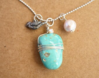 Turquoise Nugget Pendant: Pewter Silver Bird Charm, Pearl Boho Necklace