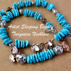 Sleeping Beauty Turquoise Necklace with Baroque Pearls, ONE OF A KIND, Artist Made Beaded Southwest Jewelry, Layering Necklace