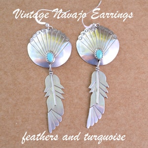 May include: Vintage Navajo earrings with turquoise stones and silver feather dangles. "Vintage Navajo Earrings feathers and turquoise" text is visible below the earrings.