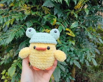 Handmade crochet duck plushies with frog hat