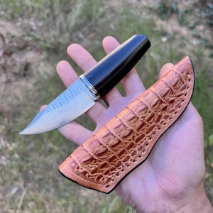 Peut inclure: Un petit couteau avec un manche noir, une lame en acier damas et un fourreau en cuir brun. Le fourreau a un motif de crocodile.