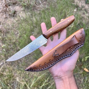 Damascus steel blade knife with its sheath, chef&#39;s knife, camping, customizable knife #247